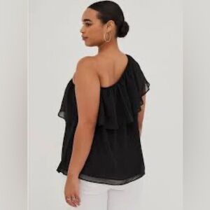 Torrid One-Shoulder Ruffle Blouse - Crinkle Chiffon & Lurex Black